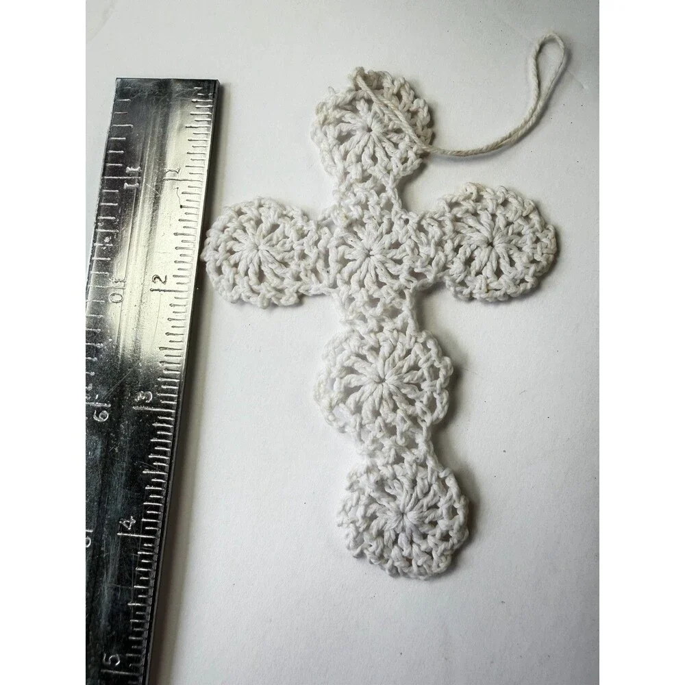 Vintage 1970s Handmade Crocheted Cross Ornaments White Cotton Lace Set of 2